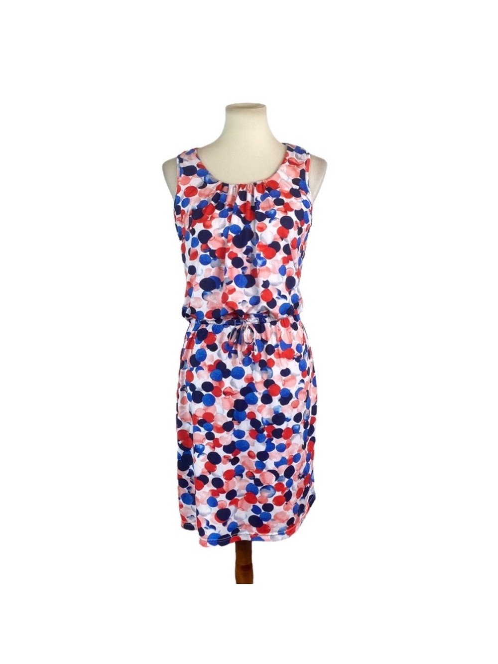 Sleeveless Polka Dot Tie-Waist Dress in Pink, Blue, and White